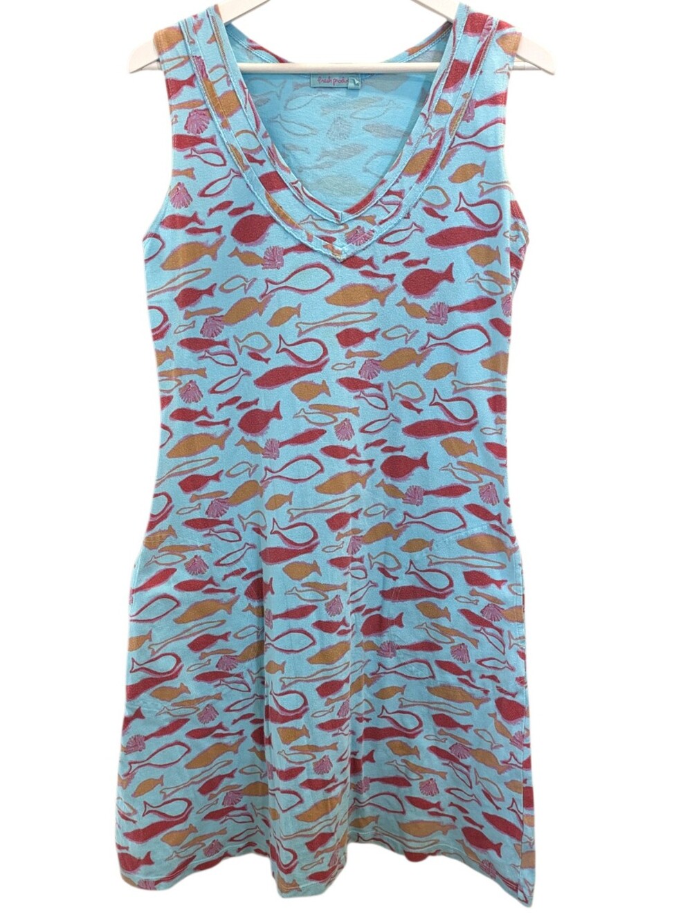 Vintage 90s Fresh Produce Dress Medium Blue Cotton Tropical Fish Shell Print